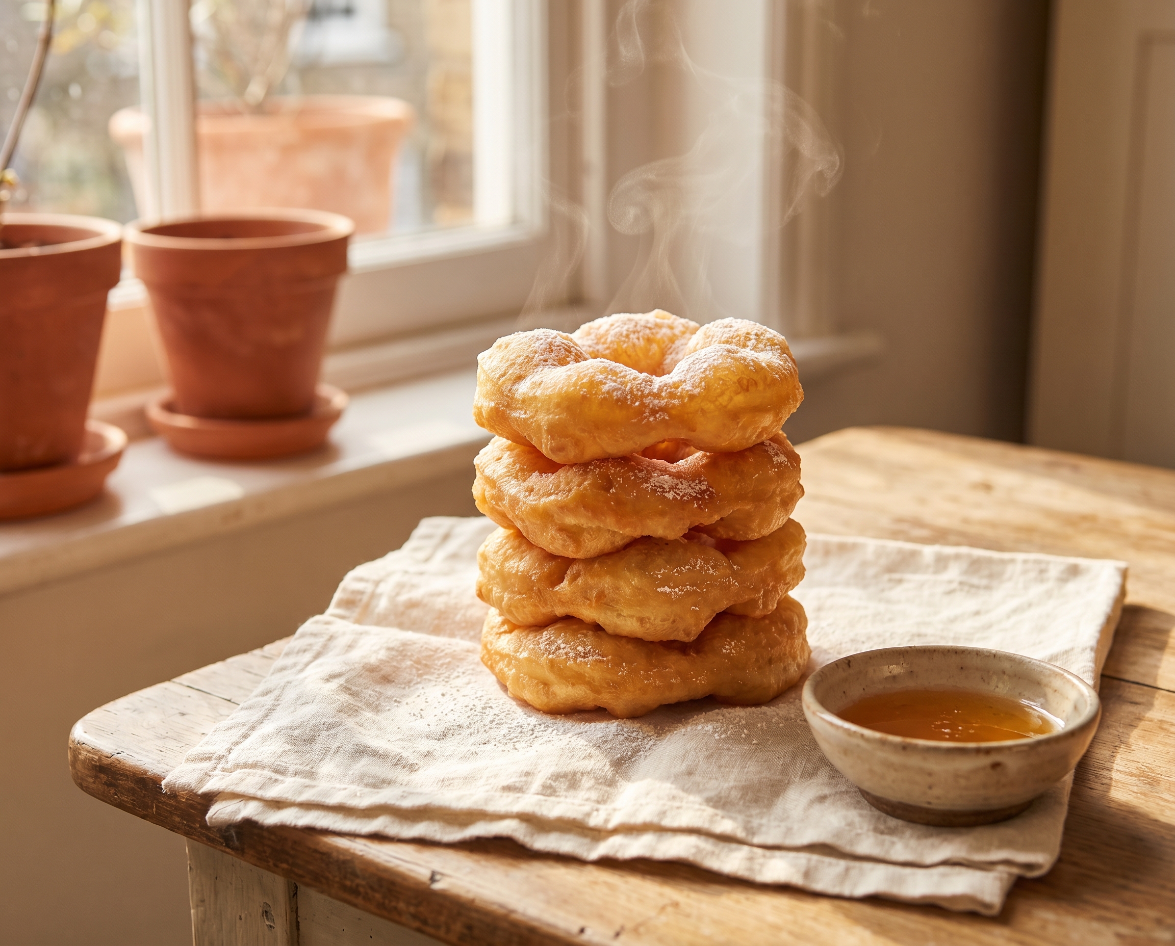 Sfenj doughnuts stacked by a window